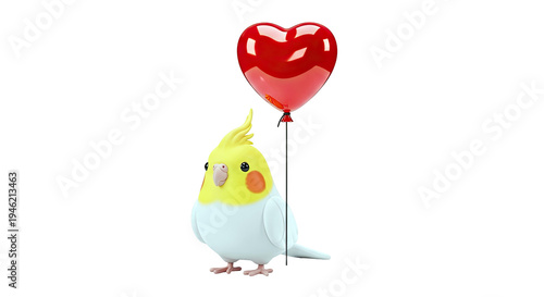 Cute Cockatiel holding a red heart balloon