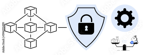 Blockchain security. Blockchain technology ensuring secure data storage and transactions. Blockchain enables secure protocols for finance, trade, and digital applications. Ideal for finance, tech