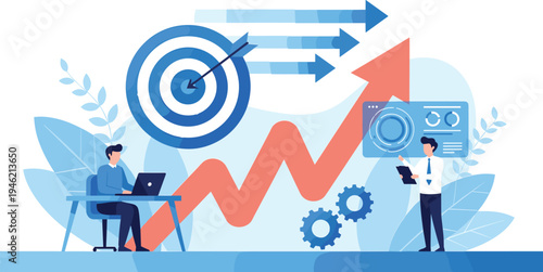 Business Growth Illustration Featuring Professionals with Target Goal Achievement and Upward Financial Arrow Isolated on White Background for Strategic Planning and Marketing Performance Design