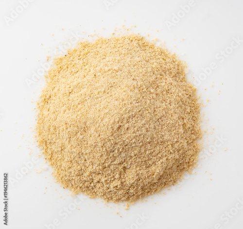Top view of rice bran powder pile isolated on white background