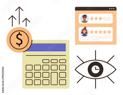 Financial planning, customer feedback, business growth, time management, performance evaluation, digital tools. Dollar sign, calendar reviews panel eye with clock icon. Financial planning