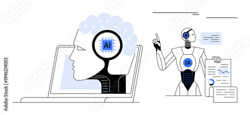 Laptop with AI brain, humanized robot presenting analytics and graphs, connecting human intelligence with artificial intelligence. Ideal for education, innovation, technology, science, business, data