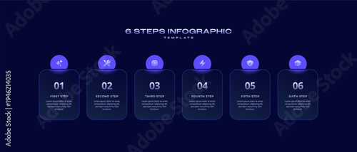 Glassmorphism Infographic Template with Icons and Blur Diagram, 6 Step Vector Workflow Layout for Presentations, Banners, Flowcharts, Business Reports, and UI Design Assets