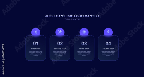 Glassmorphism Infographic Template with Icons and Blur Diagram, 4 Step Vector Workflow Layout for Presentations, Banners, Flowcharts, Business Reports, and UI Design Assets
