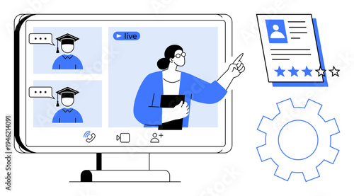 Teacher engaging in a live online class with students, profile rating and settings gear displayed. Ideal for e-learning, teaching, career development, webinars, virtual classes, education, online