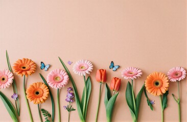 Colorful flowers and butterflies arranged neatly against a soft beige