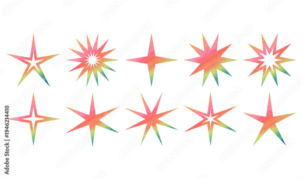Fototapeta premium Stars with colorful crayon texture collection set