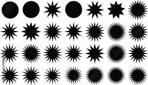 Sunburst starburst shapes collection, abstract radial burst icons set, vintage comic explosion symbols, decorative vector design elements