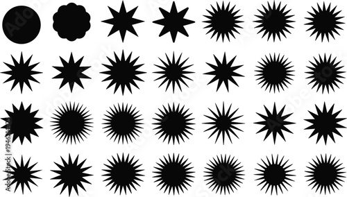 Sunburst starburst shapes set, abstract radial burst icons collection, vintage comic explosion symbols, decorative black vector design elements