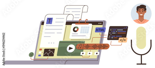 Web development, online education, remote work, content creation, multimedia design, podcasting. A laptop displays HTML, coding, audio tools and multimedia content paired with a microphone