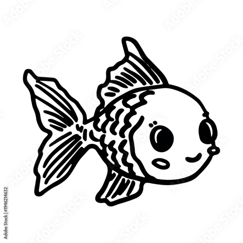 Hand drawn happy funny cute goldfish Adorable friendly kawaii tropical fish Underwater world sea life ocean Fishing seafood For design, kids print, kids books, nursery decor, coloring pages, logo