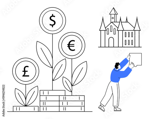 Financial growth. Currency symbols in plant shapes financial growth and creative investment. Financial growth ideas for wealth-building, business, sustainability, and economic planning
