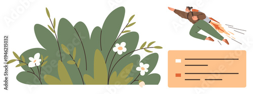 Growth strategies, innovation, technology, personal development, environmental sustainability, futuristic concepts. Person in jetpack flying above foliage and UI elements. Growth strategies