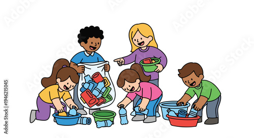 A diverse group of children and an adult joyfully participate in a recycling activity, sorting plastic bottles and containers into different bins.