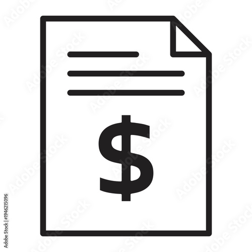 Simple black invoice icon showing financial document with dollar sign for business accounting payment and billing symbol