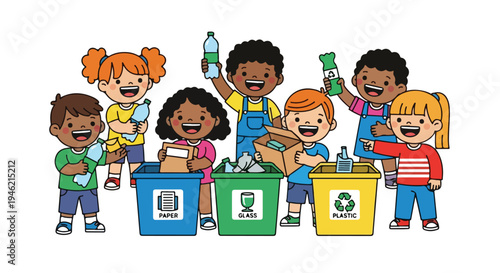 A diverse group of happy children are actively sorting different types of waste into blue, green, and yellow recycling bins for paper, glass, and plastic respectively.