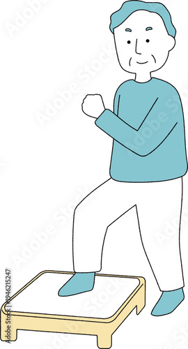 踏み台昇降運動をするシニア男性単色