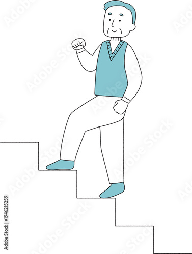 健康的に階段を登る高齢男性のイラスト単色