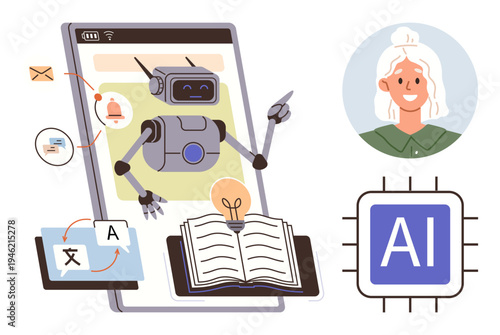 Education, communication, AI tools, digital learning, translation, innovation. A friendly robot interacts with a book, digital icons and a person on a screen. Education and communication made