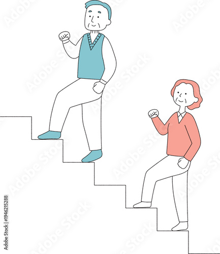 元気に階段を登るシニア夫婦単色