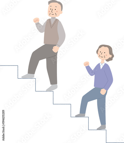 元気に階段を登るシニア夫婦