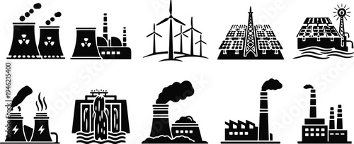 Energy production and power generation icons set, nuclear plant, factory, wind turbines, solar panels, hydro dam, electricity infrastructure