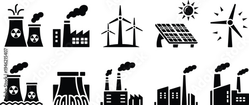 Energy and power generation icons set, nuclear plant, factory, wind turbine, solar panel, hydro dam, electricity industry silhouette