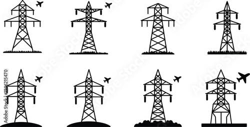 Electric power transmission tower icons set, high voltage pylons, electricity infrastructure, energy grid, aviation safety, silhouette illustration power transmission tower icons set, high 