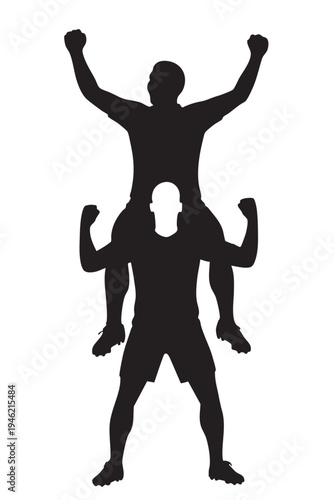 Soccer players celebrating goal piggyback silhouette vector illustration