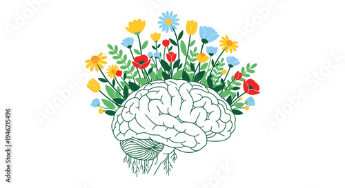 Conceptual vector illustration depicting a growing flower garden emerging beautifully from the outline of a human brain