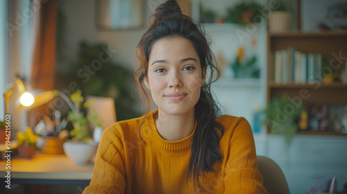 Young woman smiling at camera in cozy home office video call