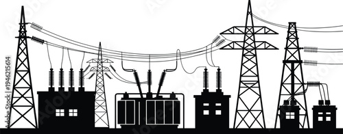 Electric power substation with transmission towers, transformers, high voltage electricity grid, energy distribution infrastructure, engineering silhouette illustration