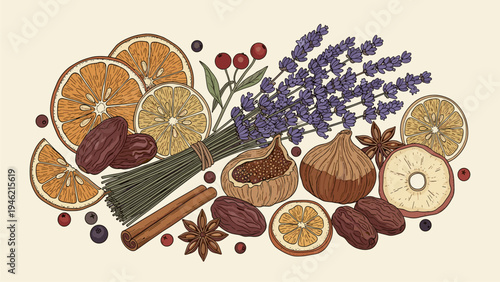 Dried Fruit, Spices, Lavender & Citrus Slice Arrangement - Food & Beverage Ingredients