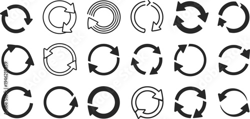 Circular refresh reload arrow icons set, rotation sync update symbols collection, recycle loop arrows, modern minimal vector illustration