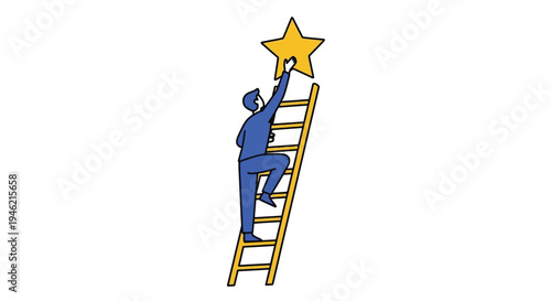 Person climbing ladder reaching for a star in a business vector illustration showing aspiration and success