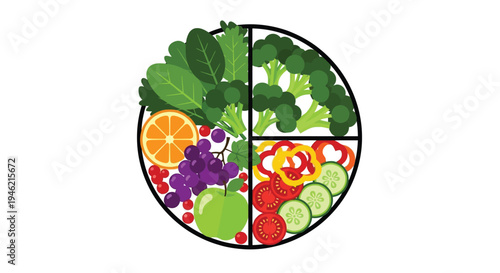 Simple vector graphic illustration representing a balanced diet plate divided into colorful fruit and vegetable sections