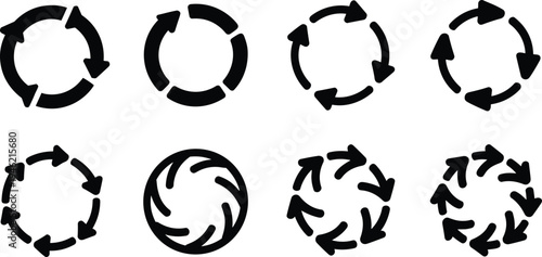 Circular refresh and recycle arrow icons set, rotation loop sync symbols collection, update reload arrows, minimal vector illustration