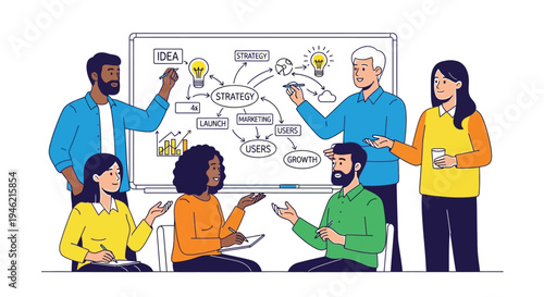 Diverse business team collaborates on a strategic marketing plan, developing new ideas for growth in this vector illustration.