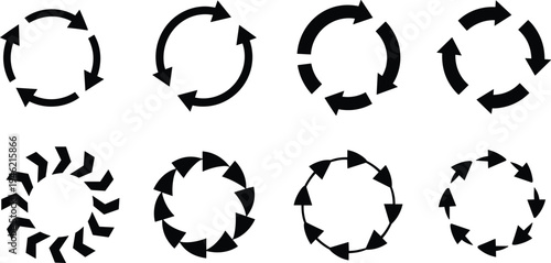 Circular arrow refresh and recycle icons set, rotation loop sync symbols collection, update reload arrows, modern vector illustration