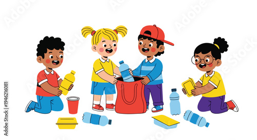 Four diverse children joyfully collect plastic bottles, cups, and containers for recycling, promoting environmental awareness and sustainable practices.