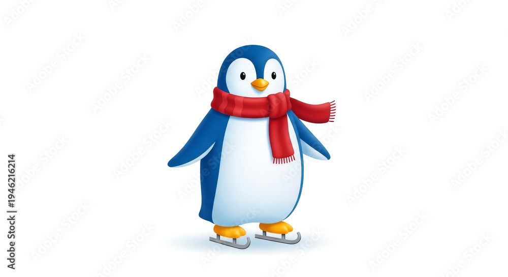 Fototapeta premium A cartoon penguin wearing a red scarf and ice skates on a white background