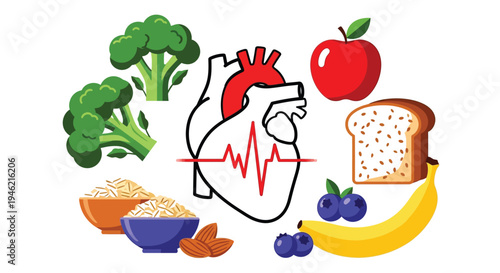 Vector graphic illustration representing healthy food choices for maintaining a strong heart rhythm and wellness