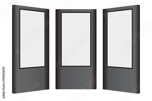 壁や柱埋め込みタイプのデジタルサイネージセット・黒｜正面・右向き・左向き・白背景