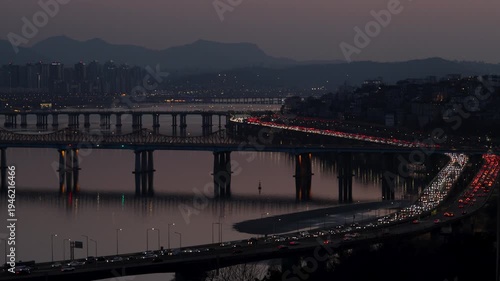Wallpaper Mural Peaceful Winter Ecology of Han River and Vibrant Night Cityscape with Traffic Jam in Seoul Torontodigital.ca