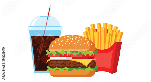 Classic fast food combo vector illustration featuring a delicious hamburger, crispy french fries, and a refreshing soda drink.