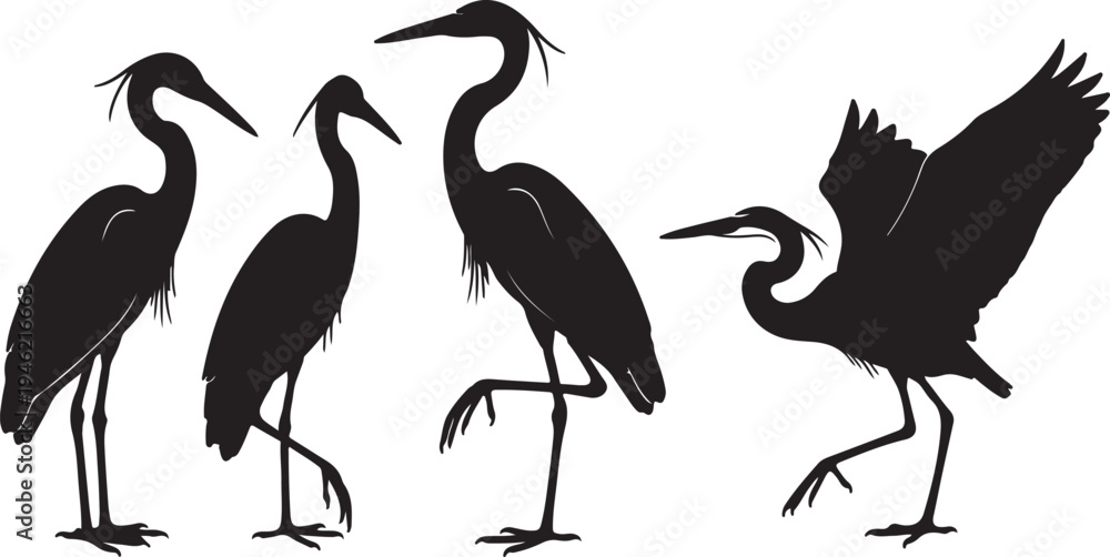 Fototapeta premium Heron silhouette collection isolated on white background vector set.