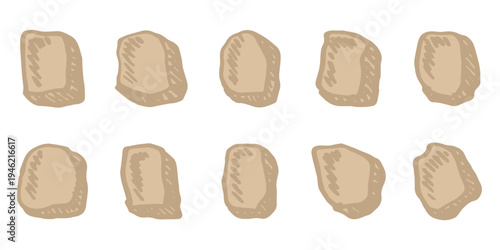 Hand drawn rocks and stones Rock fragments, boulders, building material Coastal pebbles, gravel, minerals, cobblestones, geological formations For game environment, landscape illustration, design