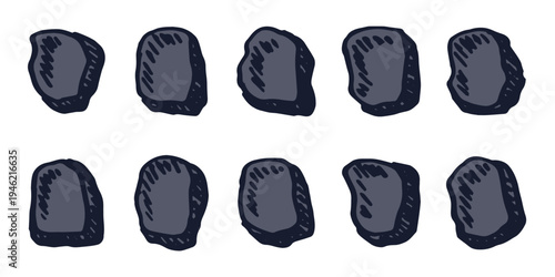 Hand drawn rocks and stones Rock fragments, boulders, building material Coastal pebbles, gravel, minerals, cobblestones, geological formations For game environment, landscape illustration, design