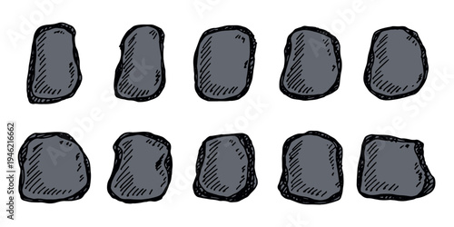 Hand drawn rocks and stones Rock fragments, boulders, building material Coastal pebbles, gravel, minerals, cobblestones, geological formations For game environment, landscape illustration, design