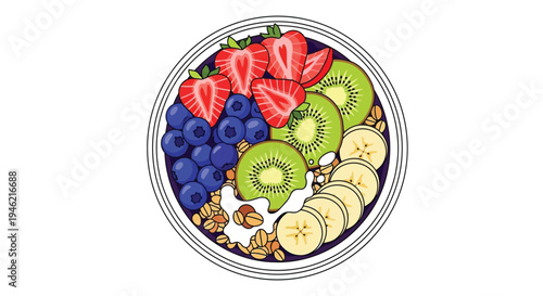 Colorful healthy breakfast bowl vector illustration topped with fresh sliced strawberries blueberries kiwi and bananas